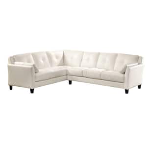 104 in. Flared Arm 1-Piece Leatherette L Shaped Sectional Sofa in White with Deep Button Tufting