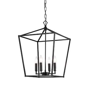 Renzo 4-Light Matte Black Caged Modern Farmhouse Pendant with Brushed Nickle or Black Candle Sleeves