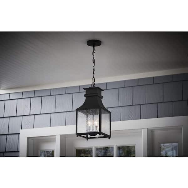 Rainbrook 18 in.  2-Light Matte Black Outdoor Hanging Light Pendant Light with Seeded Glass