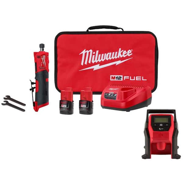 M12 FUEL 12V Lithium-Ion Brushless Cordless 1/4 in. Straight Die Grinder Kit w Two 2.0 Ah Batteries & M12 Inflator