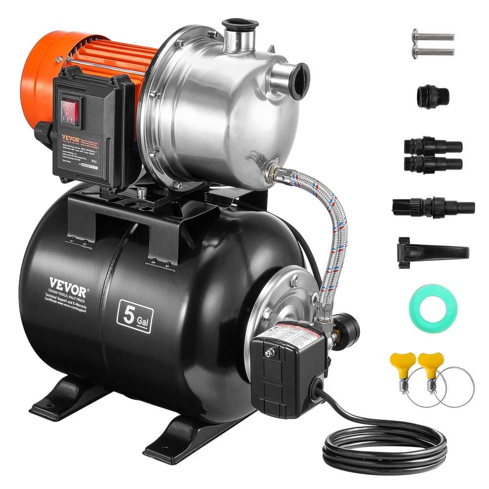 VEVOR 1.6HP Shallow Well Pump Automatic Irrigation Water Booster Pump with 5 Gal. Pressure Tank for Home Garden Lawn