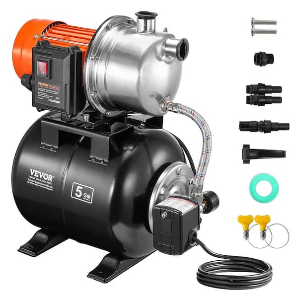 VEVOR 1.6HP Shallow Well Pump Automatic Irrigation Water Booster Pump with 5 Gal. Pressure Tank for Home Garden Lawn