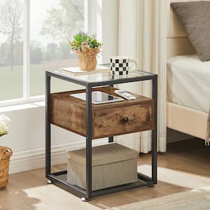 Tempered Glass Side Table, Nightstand, with Drawer and Shelf, Decoration in Living Room, 21.7" X 15.7" X 15.7"，Brown