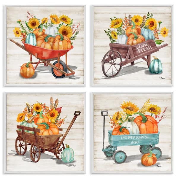 Stupell Industries Autumn Harvest Wagons by Paul Brent 4 Piece White Framed Graphic Nature Art Print 17 in. x 17 in.