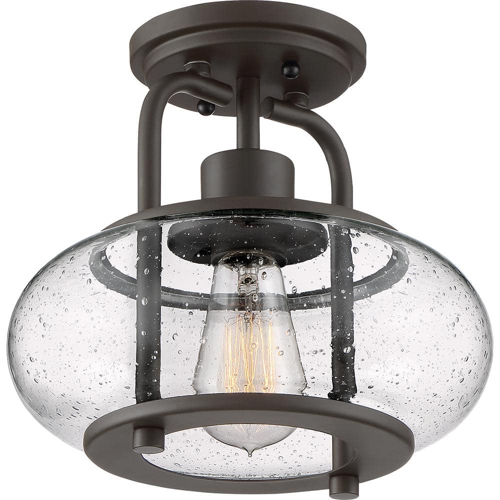 Old Bronze and Glass Semi-Flush Mount Light Fixture
