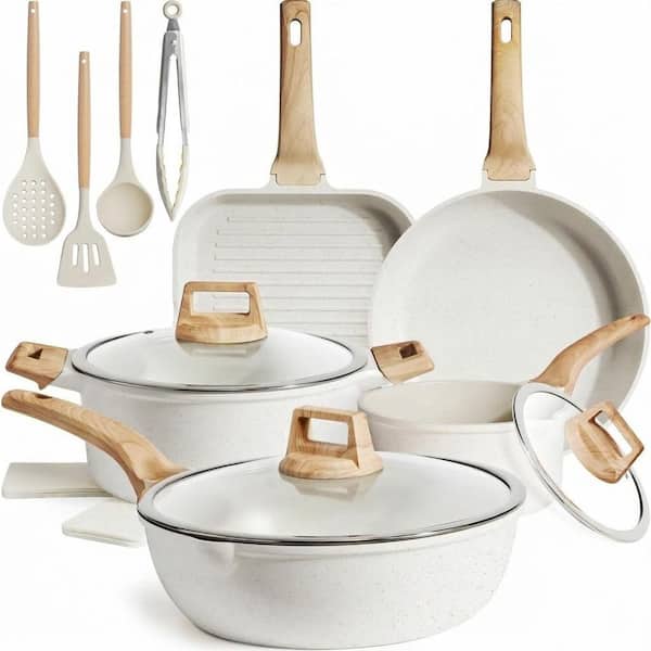 16-Piece White Granite Ceramic Nonstick Cookware Set PFAS-Free Smooth Coating with Grill Pan for All Stovetops