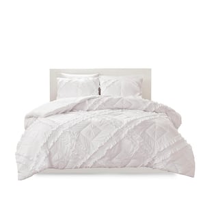 Karlie 3-Piece White Full/Queen Solid Tufted Diamond Ruffles Microfiber Coverlet Set