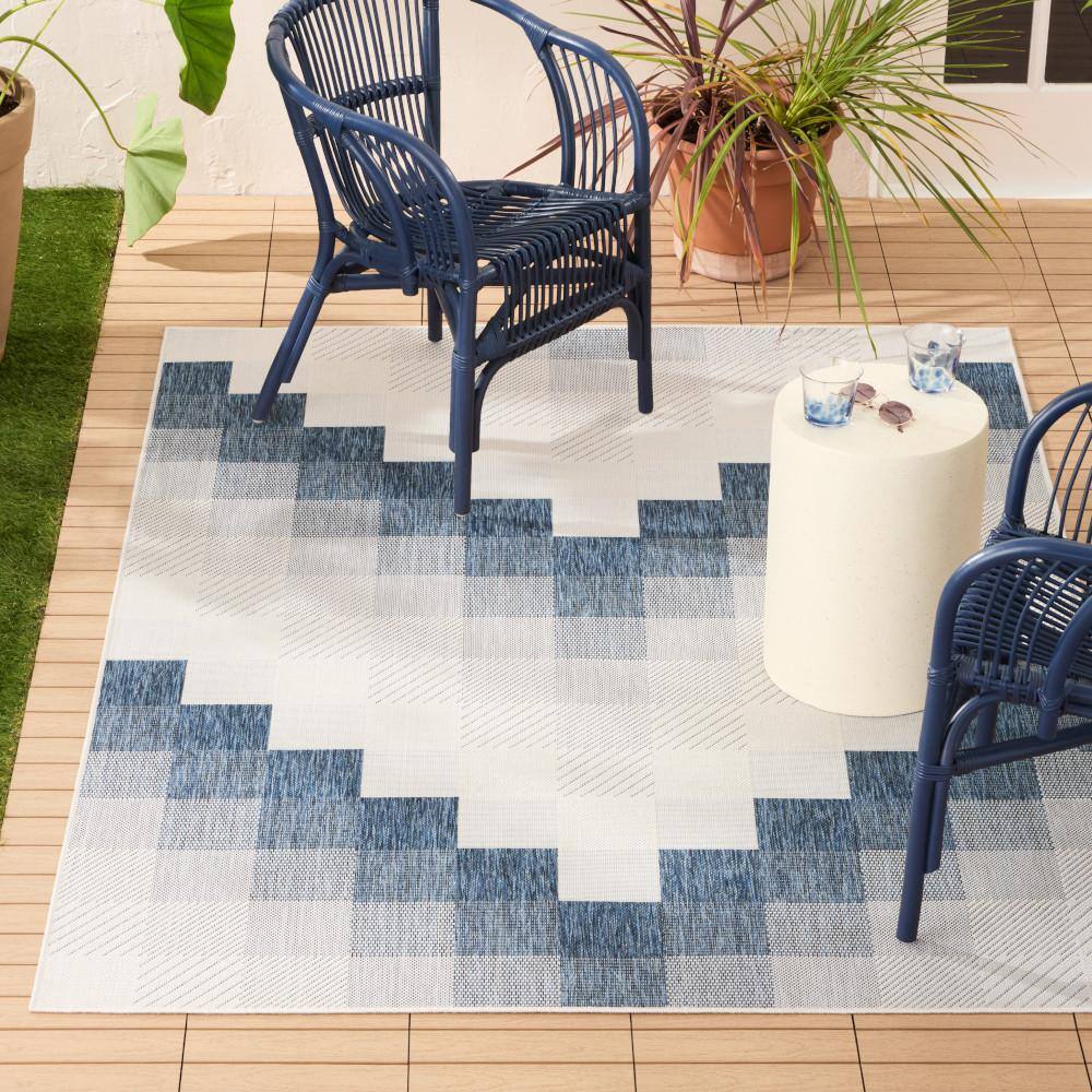 Navy Blue and Cream Rectangular Synthetic Chevron Rug