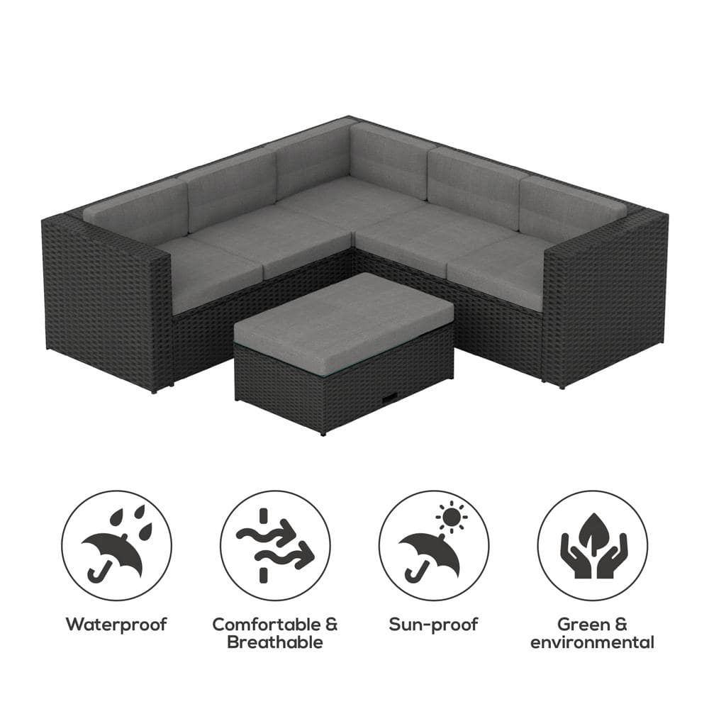 Kaison 6-Person Black and Gray Steel Outdoor Sectional Set with Storage Ottoman