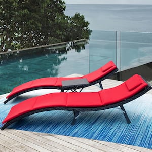 3-Pieces Steel Frame Poolside Folding Chairs Wicker Outdoor Chaise Lounge Chair with Red Cushion (Set of 2)