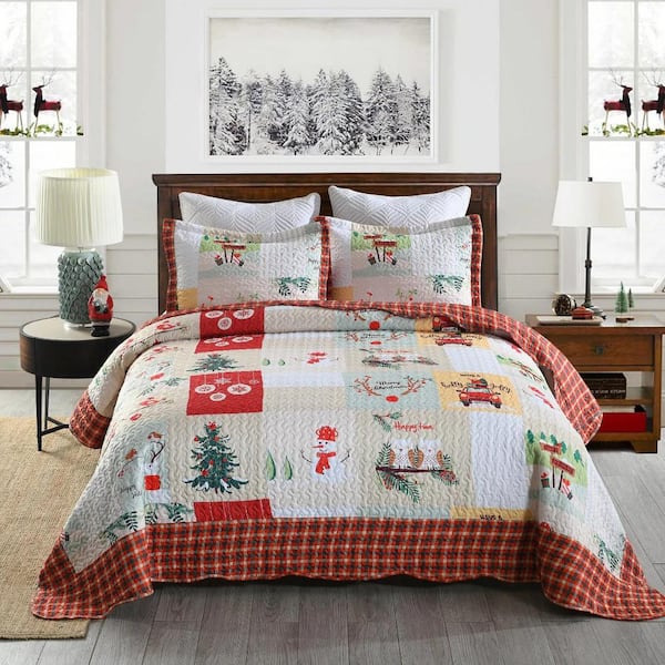 B022 Christmas Red/Multi Snowman Plaid King Size Polyester Quilt Bedspread Set