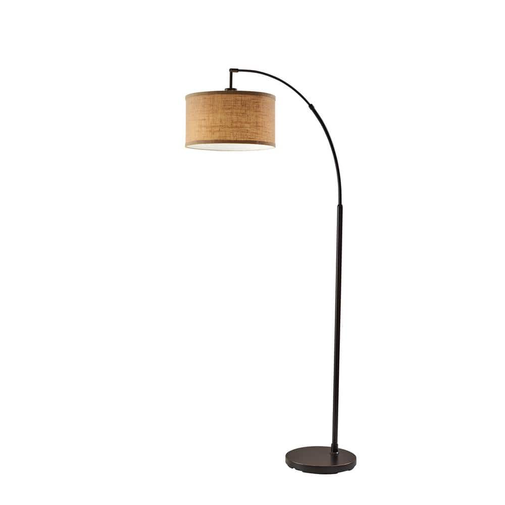 Antique Bronze Burlap Arc Floor Lamp with Drum Shade