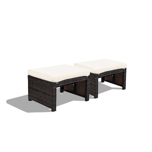Unbranded Mix Brown Frame Wicker Outdoor Ottomans with White Cushions (2-Pack)