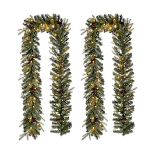 9 ft. L Pre-Lit Greenery Pine Cone Artificial Christmas Garland with Warm White LED Light (2-Pack)
