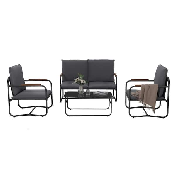 Cesicia Dark Gray 4-Piece Metal Outdoor Bistro Set with Gray Cushion, Patio Table and Chairs