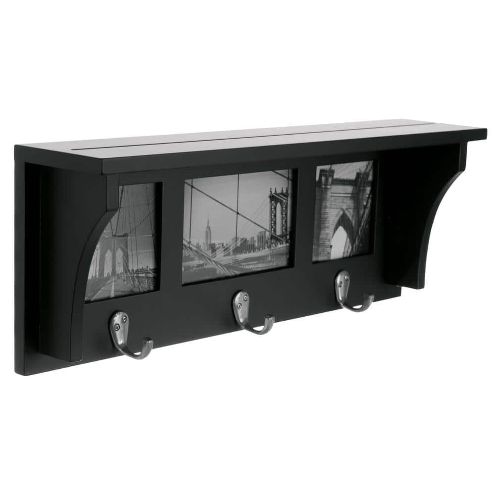 Black MDF Wall Shelf with Hooks and Photo Frames