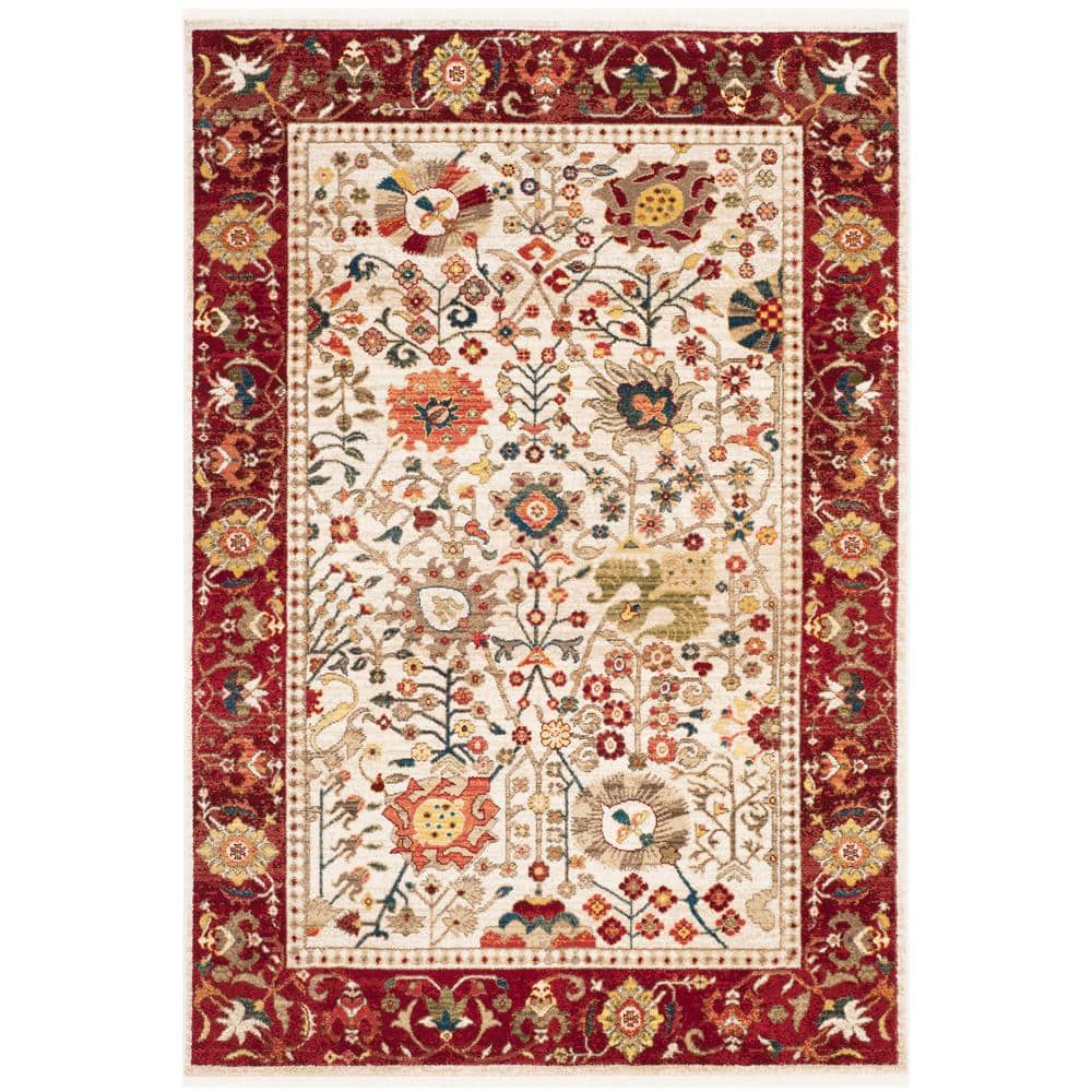 Ivory and Red Hand-knotted Synthetic Rectangular Area Rug