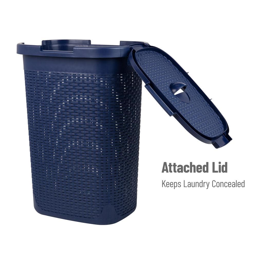 Navy Wicker Design Rectangular Plastic Laundry Hamper with Lid