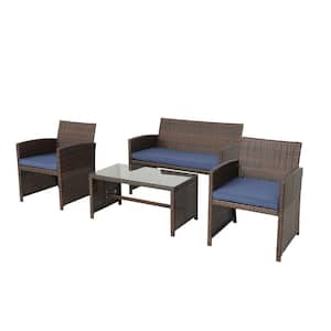 4 Piece Wicker Outdoor Bistro Set with Blue Cushion Outdoor Sectional Set Outdoor Conversation Set for Poolside