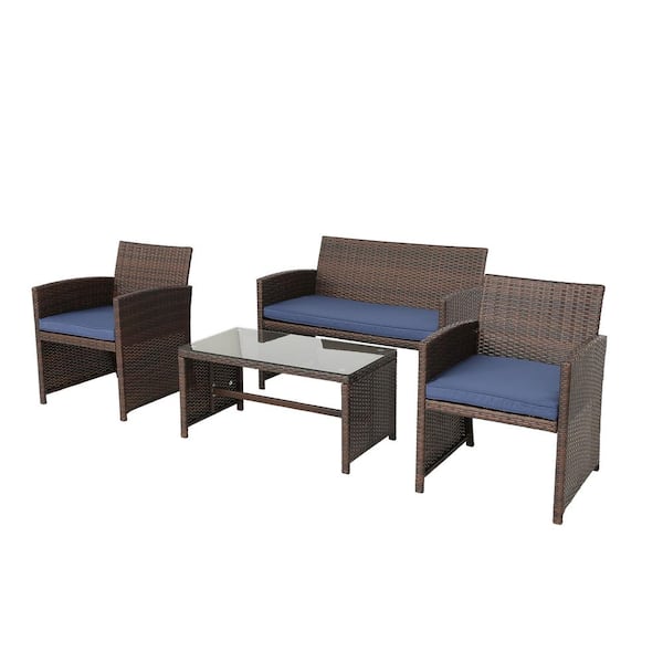 Runesay 4 Piece Wicker Outdoor Bistro Set with Blue Cushion Outdoor Sectional Set Outdoor Conversation Set for Poolside