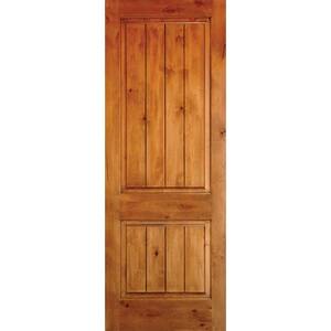 28 in. x 80 in. Knotty Alder 2 Panel Square Top V-Groove Solid Wood Right-Hand Single Prehung Interior Door
