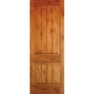 36 in. x 80 in. Rustic Knotty Alder 2-Panel Square Top V-Groove Unfinished Wood Front Door Slab