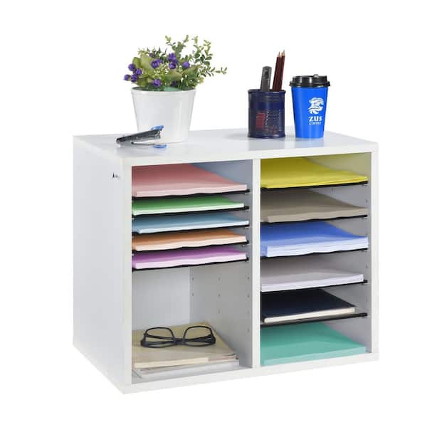 AdirOffice 12 Compartment Wood Adjustable Literature Organizer, White (2-Pack)