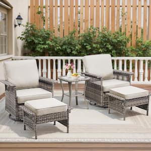 Nyajiah 5-Piece Swivel Wicker Outdoor Lounge Chair Patio Rocking Chair Set with Beige Cushions