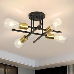 14 in. 4-Light Modern Sputnik Linear Black Metal Industrial Farmhouse Semi- Flush Mount Ceiling Lights Chandelier Light