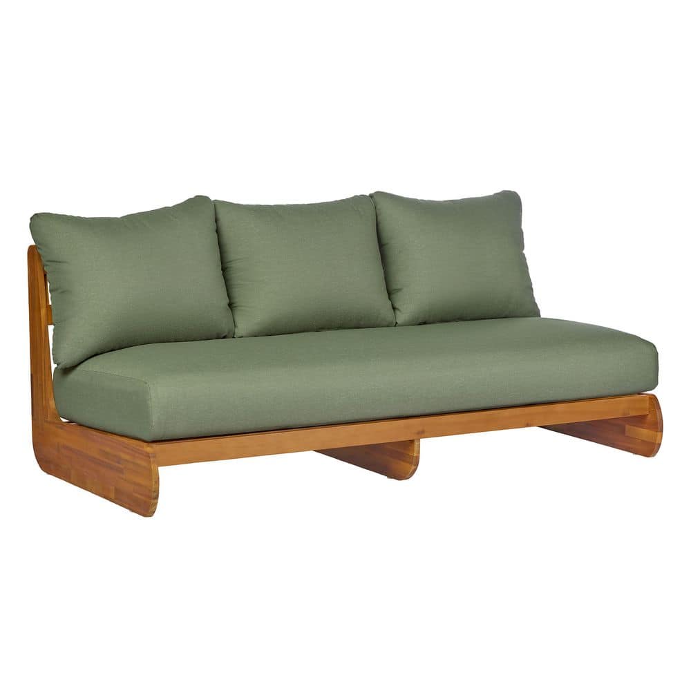 Bao Modern Teak Finish Solid Wood Outdoor Couch Patio 3 Seater Sofa with Green Cushions, Deep Seating