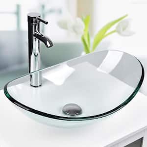 Glass Oval Vessel Sink in Clear with Faucet Pop Up Drain Set