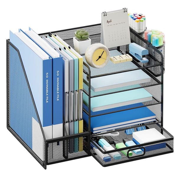 Black 13.77 in. x 11.02 in. Metal Desk Organizer with Sliding Drawer and 2 Pen Holder 5-Tier Paper Letter