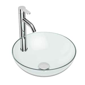 14 in. Vessel Bathroom Sink in Clear Glass with Chrome Faucet and Chrome Pop-up Drain