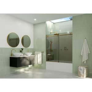 Equinox 56 in. - 60 in. W x 60 in. H Frameless Tinted Sliding Bathtub Door in Satin Brass with Clear Glass