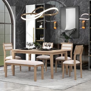 Classic 6-Piece Rectangle Natural Wood Wash MDF Top Dining Set with 4 Upholstered Chairs and Bench