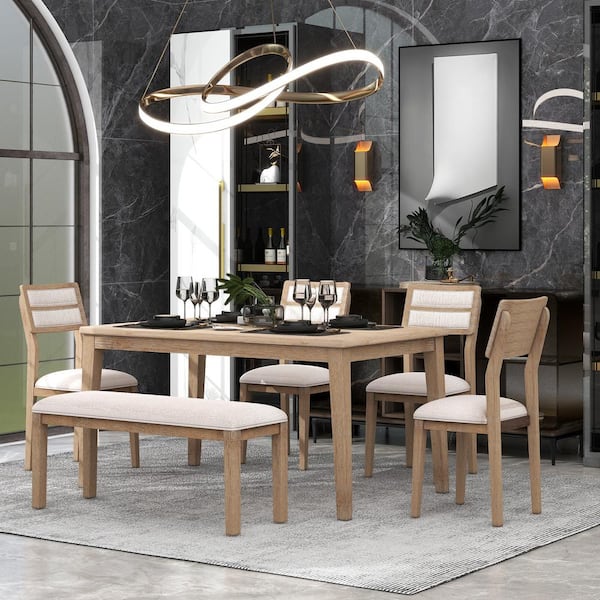 Harper & Bright Designs Classic 6-Piece Rectangle Natural Wood Wash MDF Top Dining Set with 4 Upholstered Chairs and Bench