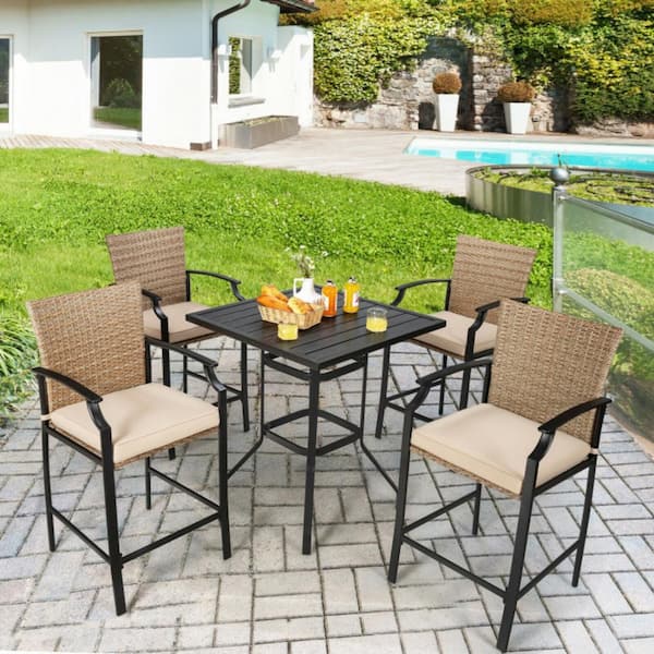 5-Piece Wood Bar Height Outdoor Rattan Bistro Bar Stool Table Set with Cushions