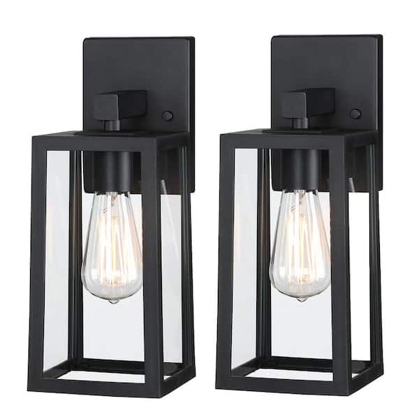 13.5 in. x 5.32 in. 2-Pack 1 Light Black Hardwired Outdoor Wall Light Lantern Wall Sconce With Clear Glass Shade