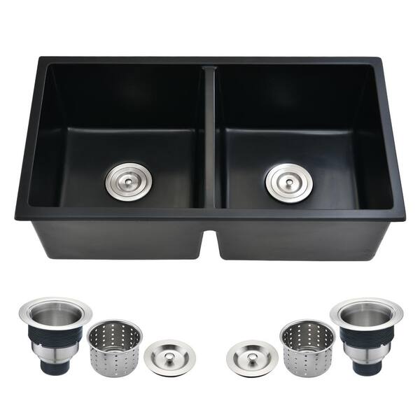 YSQCAR 32 in. x 18 in. Undermount Double Bowl Black Stainless Steel Kitchen Sink with Basket Strainer