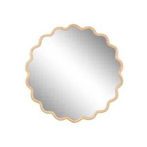 Natural 36 in. W x 36 in. H Solid Wood Round Wavy Wall Mirror for Bathroom, Bedroom, Cloakroom