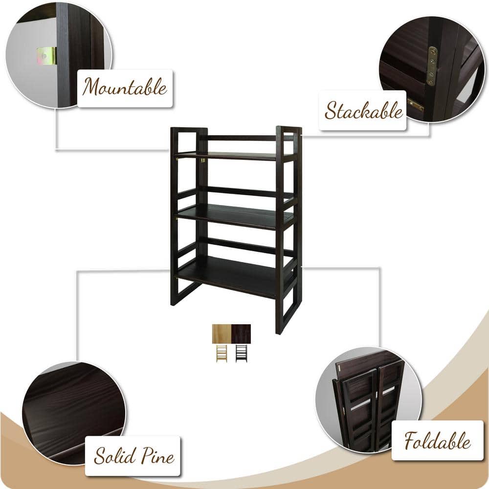 Natural Finish Solid Wood 3-Shelf Folding Bookcase