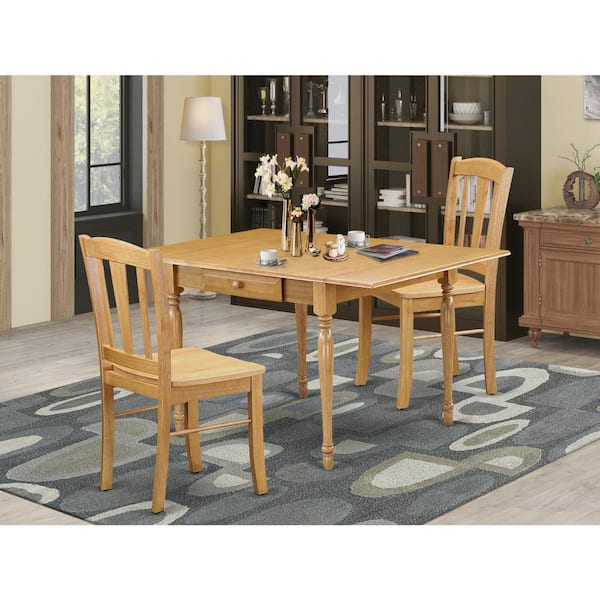 East West Furniture 3-Piece Natural Brown Oak Finish Solid Wood Top With Dropleaf Dining Table Set