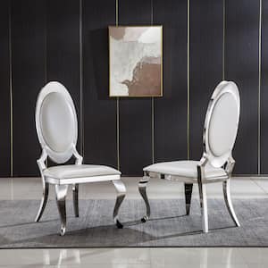 White and Silver Leatherette Dining Chair with Oval Backrest and Stainless Steel Legs (Set of 2)