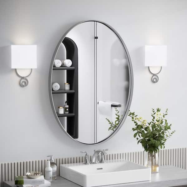 22 in. W x 30 in. H Medium Oval Stainless Steel Mirror Bathroom Mirror Vanity Mirror Decorative Mirror in Brushed Silver