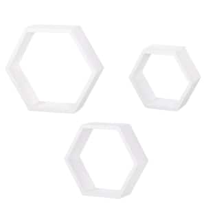 Wall Mounted Hexagon Floating Shelves MDF Wooden Wall Hanging Shelf White Set of 3