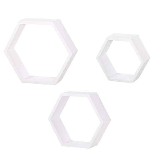 Oumilen Wall Mounted Hexagon Floating Shelves MDF Wooden Wall Hanging Shelf White Set of 3