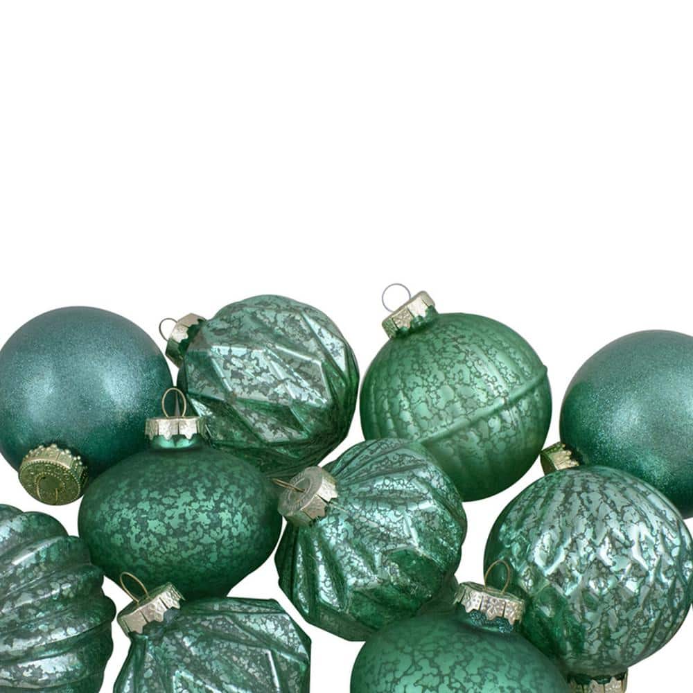 Green Ridged Glass Ball Christmas Ornaments Set of 12