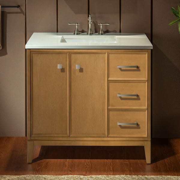 37 in. W x 22 in. D Single Sink Freestanding Bath Vanity in Natural Oak w/ Carrara White Engineered Stone Vanity Top