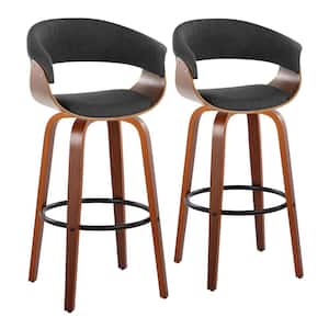 Vintage Mod 29 in. Charcoal Fabric, Walnut Wood and Black Metal Fixed-Height Bar Stool Round Footrest (Set of 2)
