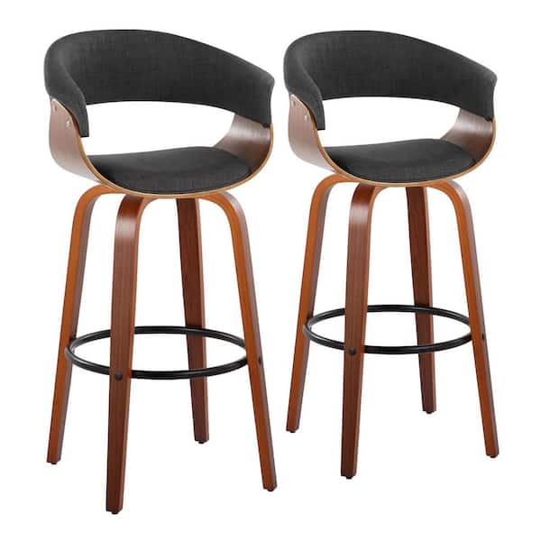 Lumisource Vintage Mod 29 in. Charcoal Fabric, Walnut Wood and Black Metal Fixed-Height Bar Stool Round Footrest (Set of 2)